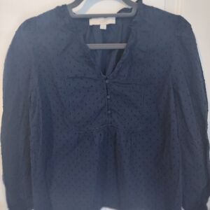 LOFT Navy Swiss Dot Peasant Top